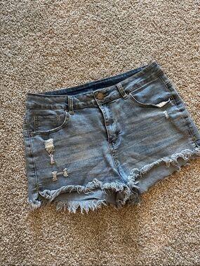 Ripped Light Blue Denim Jean Shorts with Frayed Hem